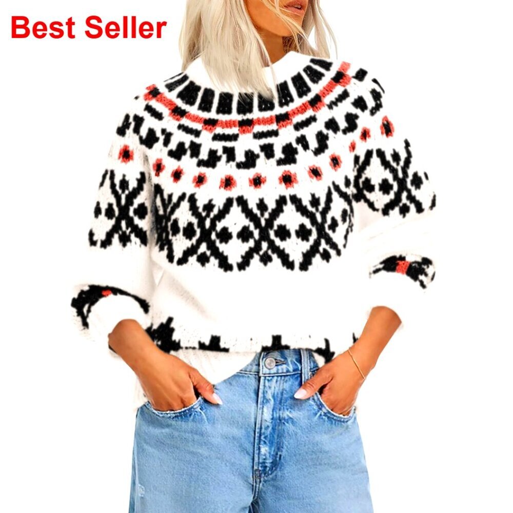 Fair Isle Chunky Knit Pullover Sweater Long Sleeve Crew Neck Winter Top